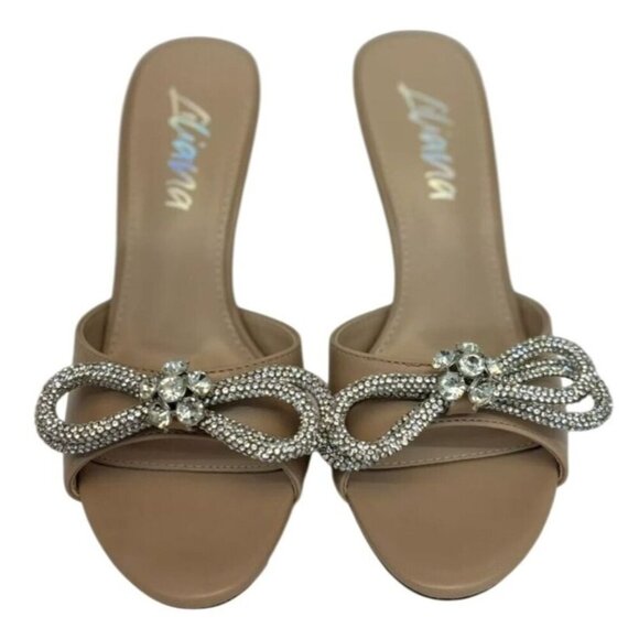 LILIANA / Zaha-4 / Beige / High Heel / Mules / With Rhinestone Bow Detail - Picture 3 of 8